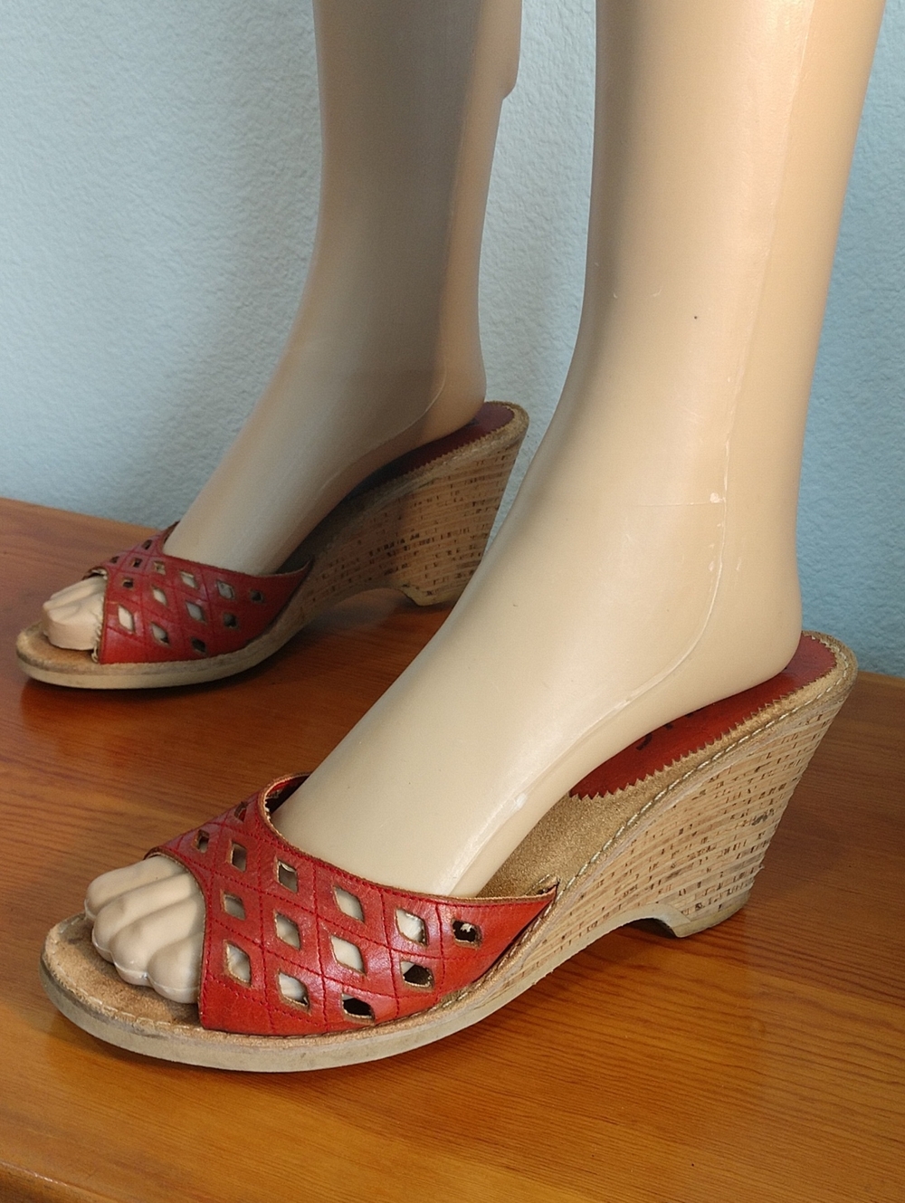 Women's Red Leather Wedge Slide Sandals - Open-Toe Casual Wedges